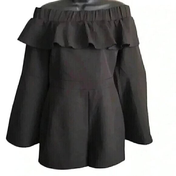 NEW NWT SUGARLIPS Solid Black Off Shoulder Long Bell Sleeve Ruffle Romper Medium - Picture 1 of 9